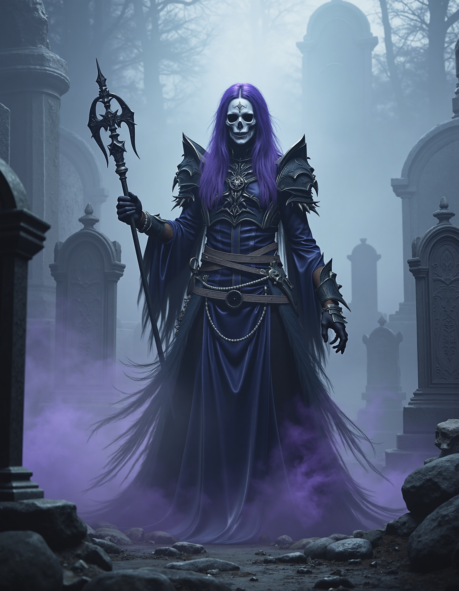 zavy-lch, Low-angle shot capturing the necromancer in a dramatic pose, tall and imposing with a staff in hand, pale white skin appearing almost ghostly, long duotone hair flowing with deep purple and midnight blue highlights. Surrounded by swirling mist in an ancient graveyard, shadows of tombstones punctuating the foggy ground and wisps of ethereal energy rising around them. Shot in a high-contrast gothic style that enhances the dark ambience and eerie details of the scene. A moody color palette dominated by shades of black and deep violet, accented with pale white light creating an ethereal glow.