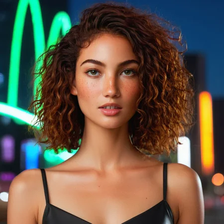 masterpiece, best quality, highly detailed, score_9, score_8_up, score_7_up, a confident young woman, light brown skin with freckles, almond-shaped green eyes, a defined jawline, curly dark auburn hair falling over her shoulders, gap tooth, standing in a futuristic cityscape with glowing neon lights, slight smirk, subtle cyberpunk aesthetic