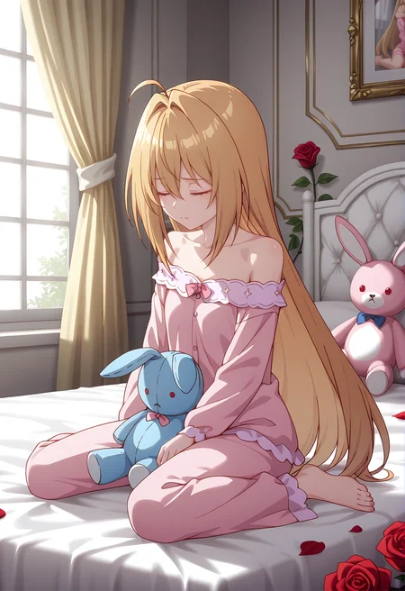 <lora:Terakomari GANDESBLOOD_illustrious-000054>,
Terakomari GANDESBLOOD,stuffed toy,solo,closed eyes,stuffed animal,sitting,flower,barefoot,pajamas,stuffed rabbit,curtains,rose,wariza,indoors,bed,off shoulder,red flower,closed mouth,window,bare shoulders,bedroom
