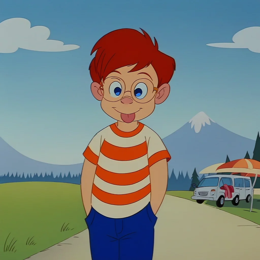 score_9_up, score_8_up, BREAK, solo, male child, youngrob, 1boy, red hair, blue eyes, (making funny face with tongue sticking out), upper body, blue pants, (front view), glasses, male focus, striped shirt, retro, standing, accurate, (outdoors), <lora:Young_Rob_McGroarty_Brave_Little_Toaster:1>
