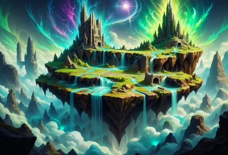 An immense floating island hovers high above a sea of roiling clouds, its terrain an unpredictable mix of jagged cliffs, lush forests, and desolate, rocky crags. Ethereal flames, flickering in shades of green and blue, spiral around the island’s edges, casting an otherworldly glow over the landscape. Massive, ancient ruins dot the island, some half-buried, others perched precariously on cliffsides, with towering arches and crumbling spires reaching toward the sky. Waterfalls erupt from hidden springs across the island, tumbling into the void below, transforming into shimmering mist as they vanish into the clouds. Strange, iridescent crystals pulse erratically within the ground, casting beams of colored light across the scene, while glowing runes and symbols drift in chaotic orbits, moving in unpredictable patterns around the island. The entire scene is awash in vivid colors and energy, giving it a sense of magical grandeur and epic mystery