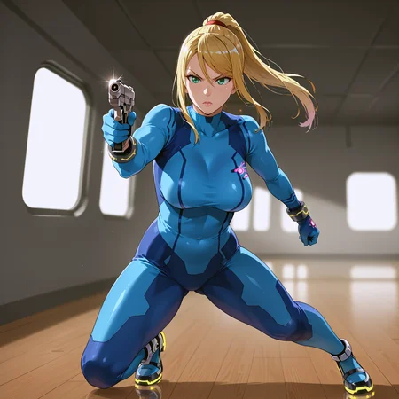 takeda hiromitsu style, source_anime, anime screencap, uncensored, dynamic angle, dynamic view, takeda hiromitsu style, dynamic pose, foreshortening, extreme perspective,
sole female, solo, 1girl, samus aran, blonde hair, swept bangs, long hair, ponytail, mole under left lip, turquoise eyes, zero suite, blue body suit, blue gloves, metal bracelets, sagging breasts, medium breasts, skintight, fully dressed, action pose, dynamic pose, determined, superhero landing, dynamic pose, holding gun, complex background, detailed background, inside giant spacecraft, outer space in window, multiple galaxies in the background, giant view of space, giant window with a view of space, view of planets, view of stars, depth of field, blurry background, volumetric lighting, back lighting, side lighting, 3 point lighting, reflective floor, glossy floor, reflective interior,
<lora:takeda_hiromitsu_style_xl_goofy:1.0>, <lora:DynamicPose_alpha1.0_rank4_noxattn_100steps:3.0>, <lora:Superhero_landing:0.5>