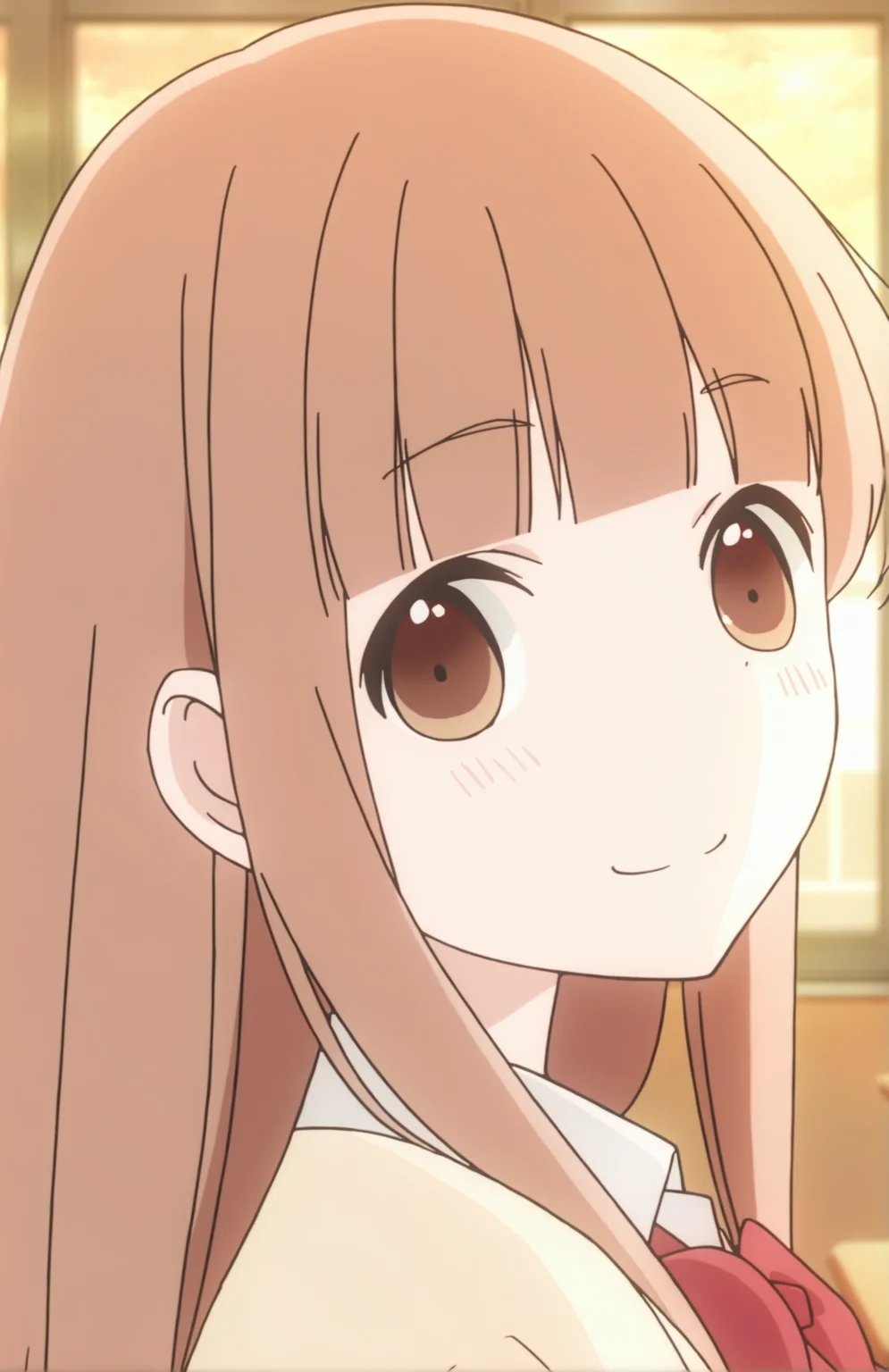 MiyanoTan, 1girl, solo, long hair, brown hair, brown eyes, school uniform, beige top, bow, portrait, smile, school room