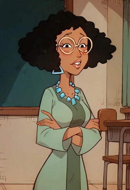 Score_9_up, score_8_up, score_7_up, score_6_up, BREAK, Expressiveh, high quality, 1girl, solo, missgrotkerec, dark-skinned female, black hair, afro, green dress, long dress, glasses, jewelry, large breasts, arms crossed, looking at viewer, blushing, classroom, detailed scenery