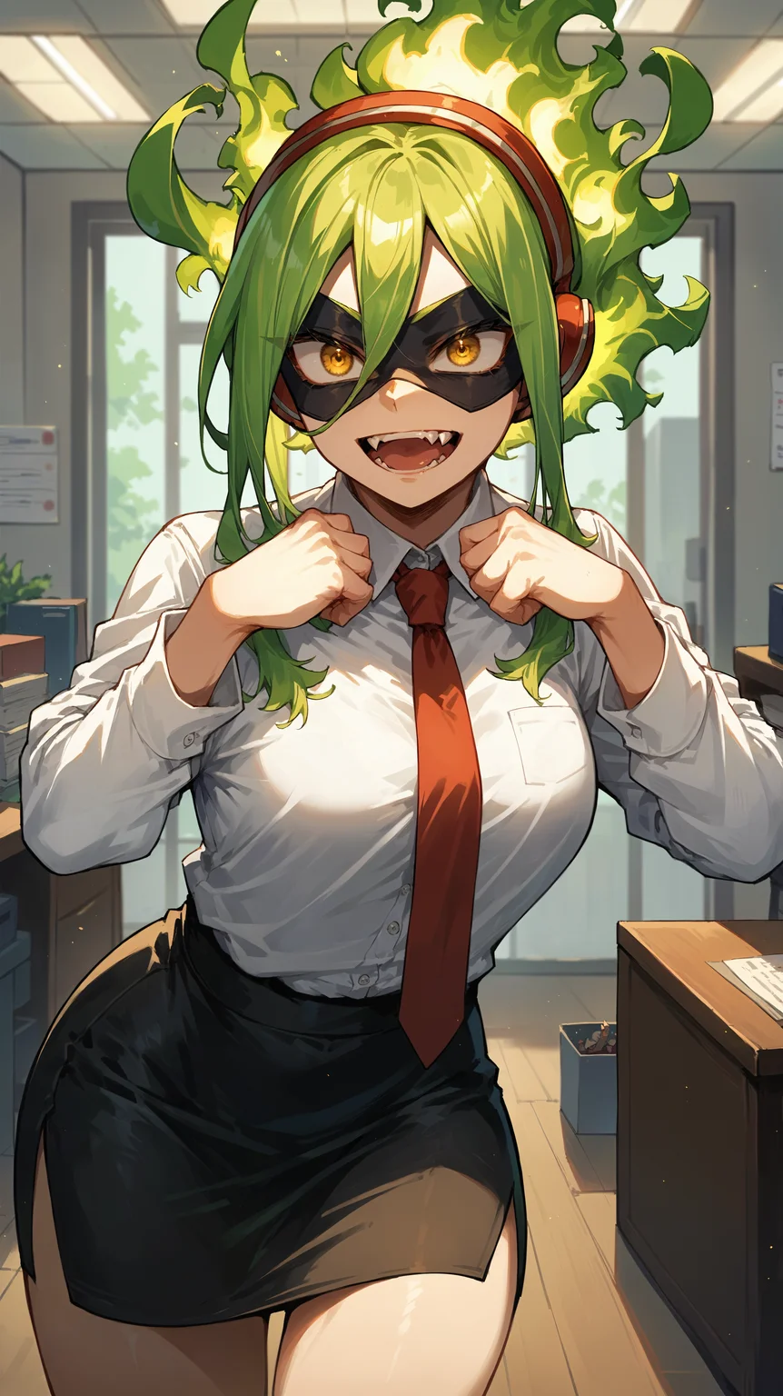 score_9,score_8_up,score_7_up,score_6_up, <lora:xl_more_art-full_v1:0.5>, source_anime, girl, dynamic pose, hands folded, <lora:Moe Kamiji (Burnin) - Pony-000004:0.8>, green hair, fiery hair, yellow eyes, black mask, domino mask, headphones, fangs, pencil skirt, black skirt, white shirt, loose necktie, red tie, office,