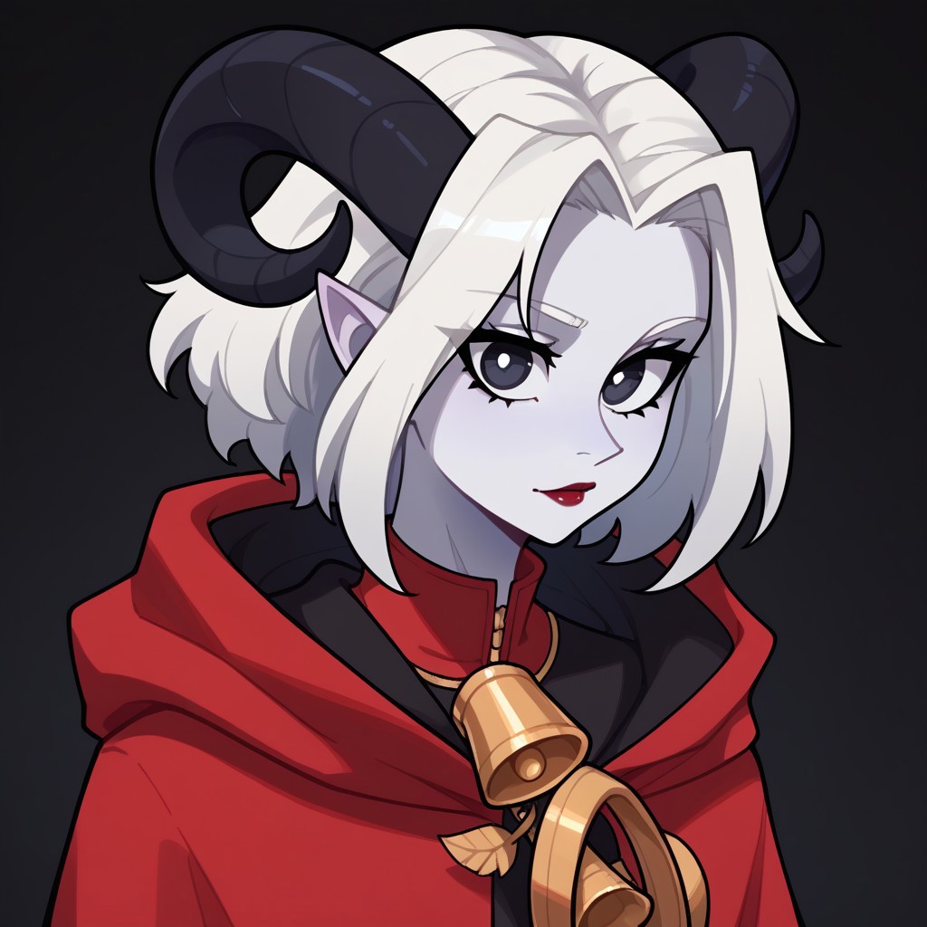 score_9, score_8_up, score_7_up, score_6_up, score_5_up, score_4_up, solo, <lora:muds-000007:1> Tiefling,  black and white eyes,  feathered white horns, white feathered hair,  white skin, and santa suit with a white bag
