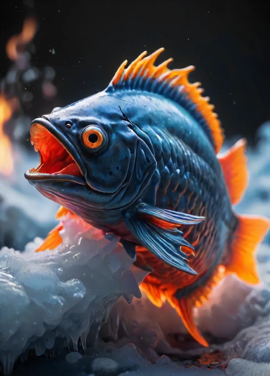 depiction of a hot glowing fish inside a sea of liquid cold nitrogen , intricate, detailed, <lora:- SDXL - frzrenit_red_hot_nitro_V2.0:.7>