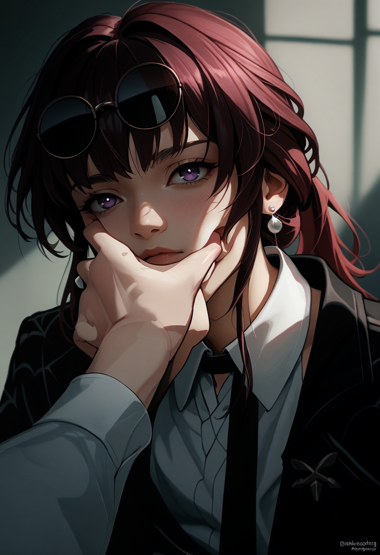 score_9, score_8_up, score_7_up BREAK solo, povcheekgrabbing, solo focus, hand on another's face, kafkerdef, earrings, eyewear on head, sunglasses, white shirt, black jacket, long sleeves <lora:ShippyKafka:1> <lora:sppovCheekGrabbingmemeXLPony:1>