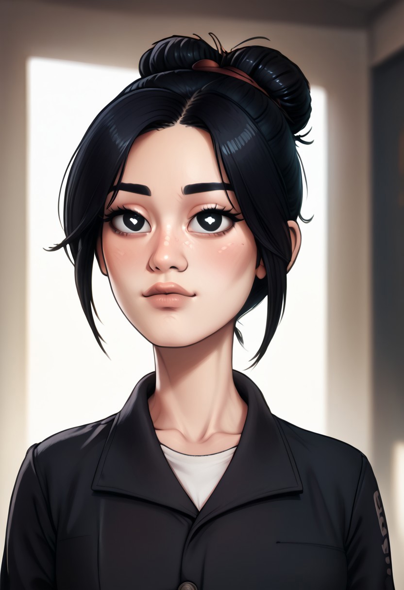 score_9, score_8_up, score_7_up, score_6_up, PRSNL_3_1, uncensored, pupils black dots, lips, upper body, best quality, masterpiece, 4k, realistic, warm light,
1girl, solo, cpnakamura, single bun, black hair, black eyes