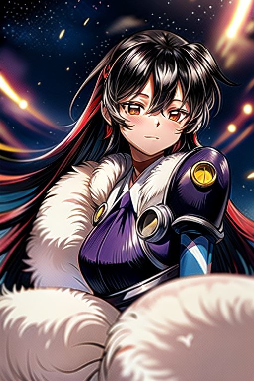 best quality 1girl Setsun4 solo long hair,  (night time) forest background black hair very long hair purple eyes multicolored hair armor, small, (fur trim) (medium body),<lora:EMS-179-EMS:0.800000>,<lora:EMS-293862-EMS:0.800000> bow, hair_bow, hair_tubes, red_bow, brown_hair, long_hair, bangs, ascot, frilled_bow, yellow_ascot, blush, smile, hair_between_eyes, athletic, armor, miko, strengthmda,  Smiling, happy, helmet