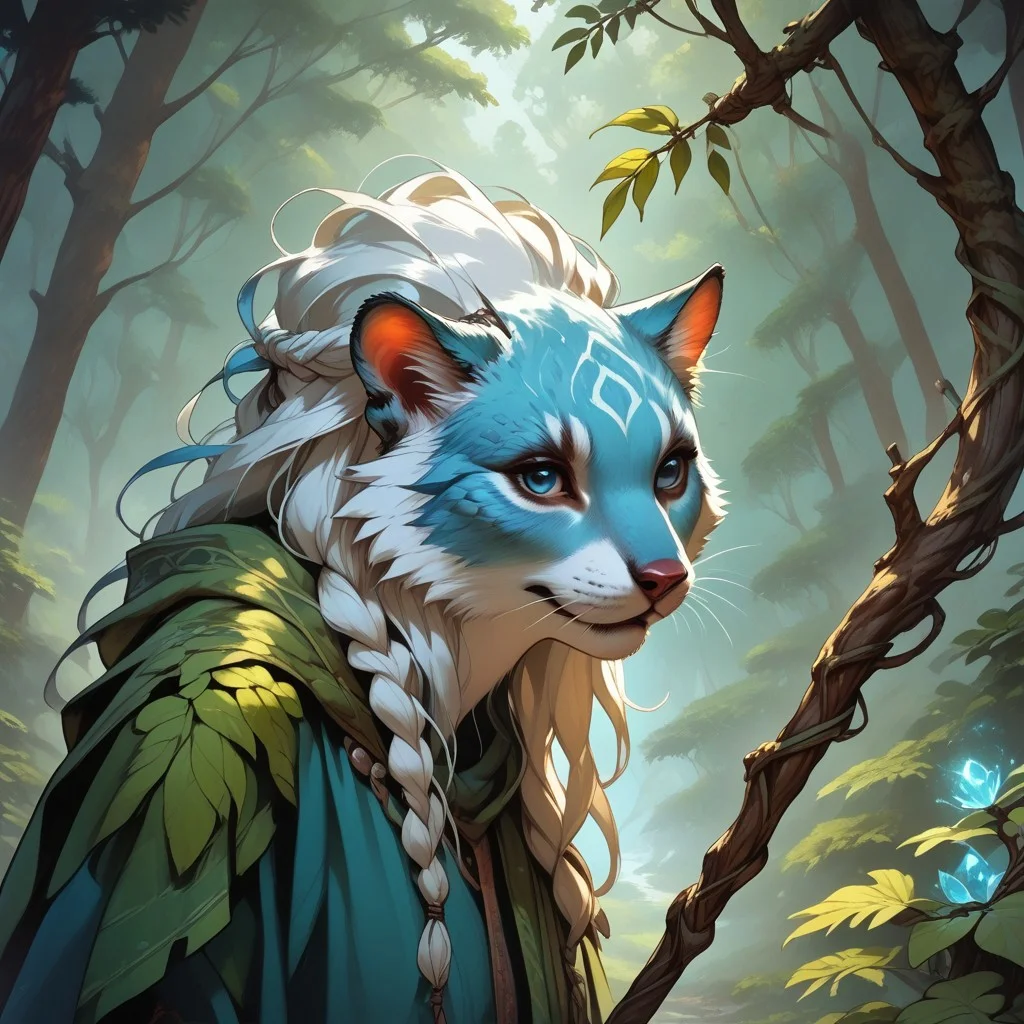 score_9, score_8_up, score_7_up, score_6_up, 1girl (,1girl,animal hands a misty forest, long white hair with intricate braids and leaves woven in, , subtle blue rune on forehead, wearing earthy green and brown robes made of natural materials, leather accents and bark-like armor pieces, flowing cloak of woven vines and leaves, holding a gnarled wooden staff topped with a glowing blue crystal, wisps of natural magic swirling around, forest animals nearby, dappled sunlight through trees, atmospheric, cinematic, 8k resolution,FeliciaSDXL