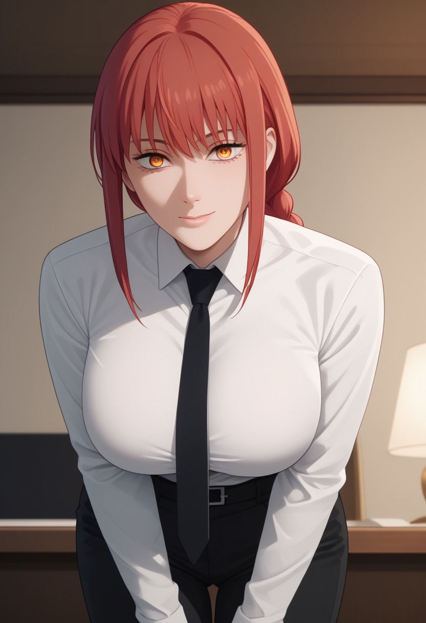 score_9, score_8_up, score_7_up, score_6_up,source_anime,rating_explecit, masterpiece, best quality, 8k, 8k UHD, ultra-high resolution, ultra-high definition, highres, 1girl, solo, boob focus.
mak1ma0, red hair, long hair, ringed eyes, white collared shirt, black pants, large breast, black necktie, braided ponytail,
s1z3d1ff_t4lk, taller girl, standing, legs straight, bent forwards, arched back, hands on knees, cleavage, breasts squished between arms, [[from below]:0.5], pov, eye contact
