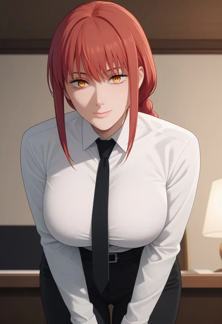 score_9, score_8_up, score_7_up, score_6_up,source_anime,rating_explecit, masterpiece, best quality, 8k, 8k UHD, ultra-high resolution, ultra-high definition, highres, 1girl, solo, boob focus.
mak1ma0, red hair, long hair, ringed eyes, white collared shirt, black pants, large breast, black necktie, braided ponytail,
s1z3d1ff_t4lk, taller girl, standing, legs straight, bent forwards, arched back, hands on knees, cleavage, breasts squished between arms, [[from below]:0.5], pov, eye contact