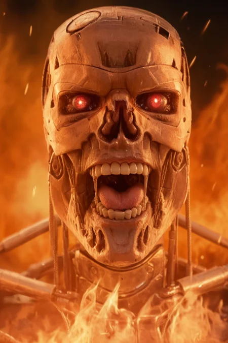 T800_Endo, Terminator robot, score_9, score_8_up, score_7_up, (source_IRL, source_movie), cinematic, realistic, masterpiece, high quality, highres RAW photo, ((close-up shot, close-up head shot, front view))
a T800_Endo Terminator Robot with red eyes, he is made of metal, he is made of shiny chrome metal, new, clean, <lora:T800_Endo_Terminator_Pony_v1-000013:1>
(standing in flames, mouth open: 1.4, screaming: 1.4)
black background, in flames, fire, flames and fire everywhere, there is so much fire
dynamic lighting, highly detailed, intricate details