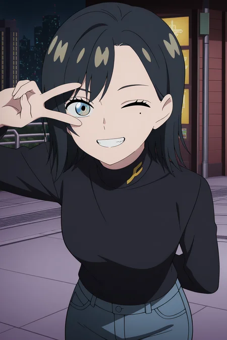 volumetric lighting, official style, amazing quality, ultra detailed, highres, detailed background, anime screenshot, anime screencap, anime coloring, masterpiece, detailed face,1girl   <lora:Comoli_Harcourt__:0.8>Comoli_Harcourt, brown and blue eyes, black hair,jeans, black turtleneck , mole under eye, mole, solo, short hair, turtleneck, outdoors, city streets, looking at viewer, one eye closed, v, peace sign over eye, grin, teeth, hand behind back, leaning over