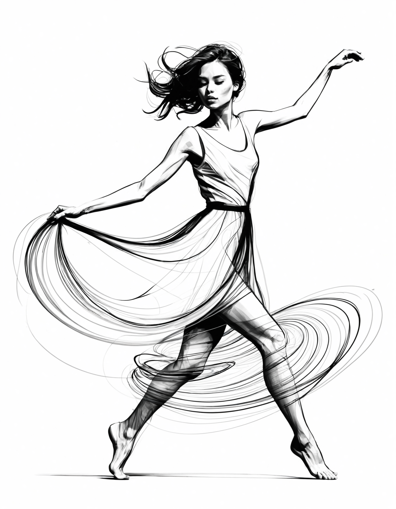A stylized sketch of a woman in motion, captured mid-twirl, flowing ink lines and minimal color â like a fashion illustration.