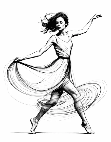 A stylized sketch of a woman in motion, captured mid-twirl, flowing ink lines and minimal color â like a fashion illustration.
