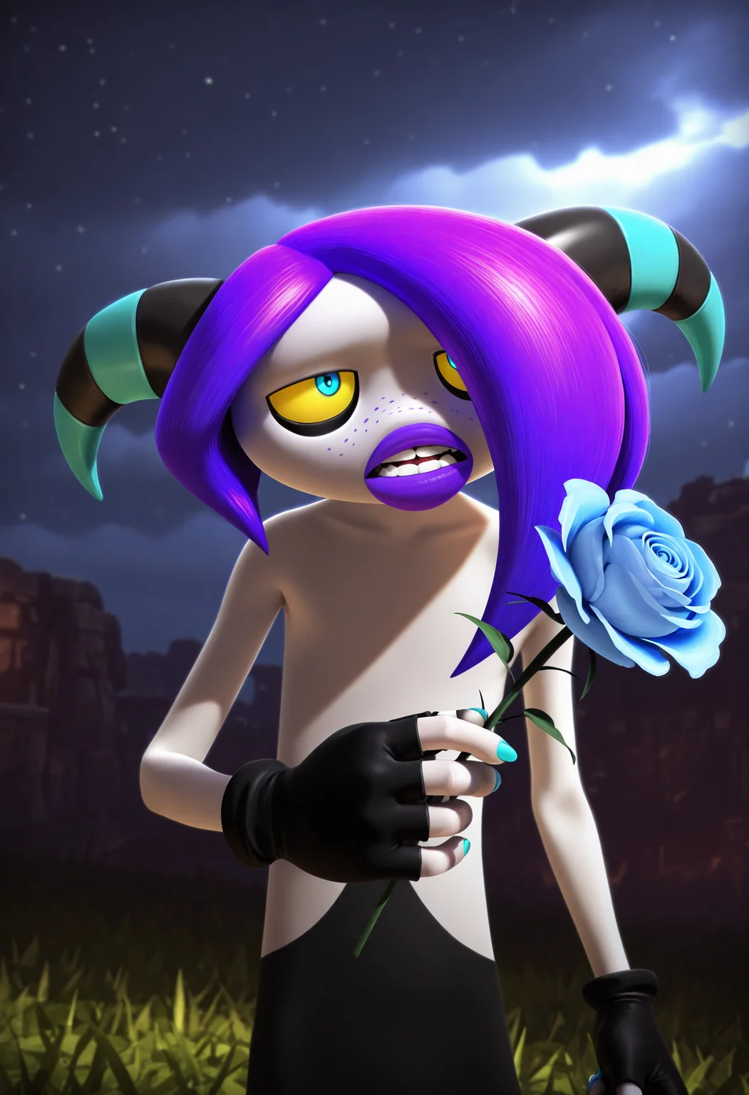 best quality, amazing quality, very aesthetic, absurdres, newest, high quality, masterpiece, Z0R, 1boy, yellow sclera, fingerless gloves, two-toned skin, zeti, curved horns, blue eyes, purple lips, solo, purple hair, freckles, holding flower, blue rose, teal nails, depth of field, upper body, gloomy sky, the void of space <lora:Zor_Sonic_Franchise:1>