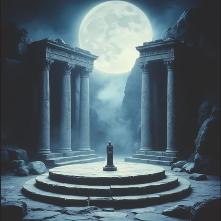 ArsMovieStill, 80s Fantasy Movie Still, The image is a digital art piece that appears to be a scene from an ancient temple or temple. It is set in a dark and eerie landscape with a full moon in the background. The sky is filled with clouds and the moon is partially obscured by a thick fog. In the center of the image there are four tall columns with intricate carvings on them standing in a circle of stone steps. The columns are surrounded by rocks and boulders and there is a small statue of a person standing in the center. The overall mood of the scene is dark and mysterious.