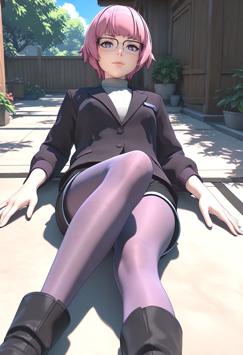 <lora:sdxl_lightning_8step_lora:1> <lora:Fixhands_anime_bdsqlsz_V1:1>score_9, score_8_up, score_7_up, source_anime, intricate details, perfect anatomy BREAK
1girl, solo, gis-esakipurin, pink hair, short hair, purple eyes, black-framed eyewear, black jacket, black shorts, gis-esakipurin outfit, purple pantyhose, black boots, 
from below, lying, Pensive, Eyes focused inward, brow furrowed, and lips pursed., outdoors, 
<lora:gis-esakipurin_XL(pony)fix:0.9>