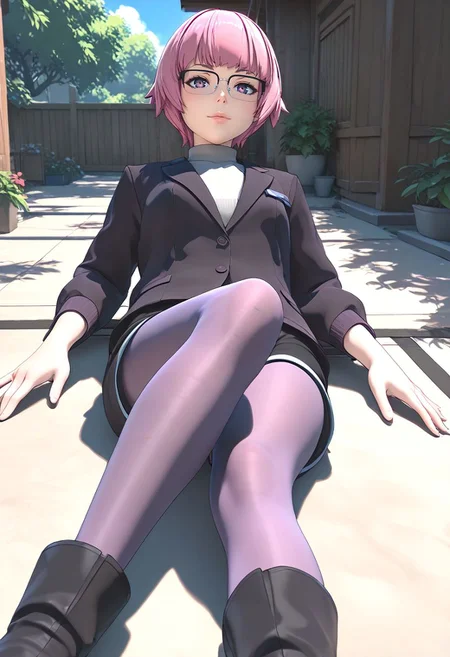 <lora:sdxl_lightning_8step_lora:1> <lora:Fixhands_anime_bdsqlsz_V1:1>score_9, score_8_up, score_7_up, source_anime, intricate details, perfect anatomy BREAK
1girl, solo, gis-esakipurin, pink hair, short hair, purple eyes, black-framed eyewear, black jacket, black shorts, gis-esakipurin outfit, purple pantyhose, black boots, 
from below, lying, Pensive, Eyes focused inward, brow furrowed, and lips pursed., outdoors, 
<lora:gis-esakipurin_XL(pony)fix:0.9>