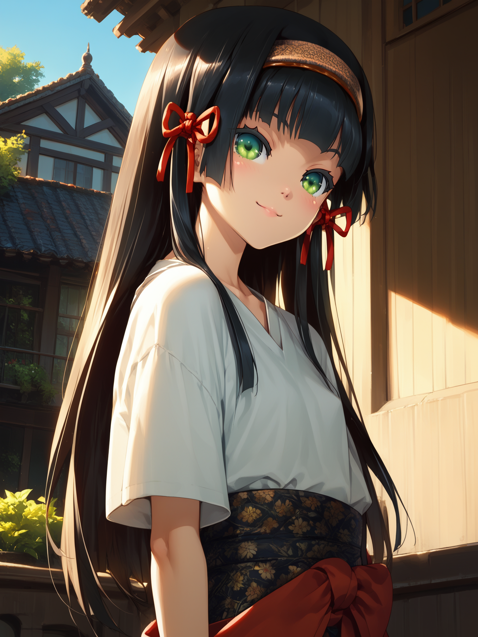 (cowboy shot, solo focus:1.2) <lora:happy_tentacle-renge-v0.2-000016:1>, ht_renge, hair ribbon, red ribbon, hairband, black hair (petite:1.2), <lora:Shed_The_Skin's StS_age_slider_v1_initial_release:-1> ((clothes pull :1.1) :1.1) ( , , ( :1.2) , smile , (looking at viewer:0.6) :1) , outdoors, vegetation, ( :1.1), , (dusk :0.6), , (:0.5), , (european architecture :0.9) ( :0.8) score_9, score_8_up, score_7_up, score_6_up, score_5_up, score_4_up, ( :1) <lora:LUUNA's Lunas-NijiJourney-SDXL-B2:0.35>, nijijourney <lora:prgfrg23's Counterfeit-V3.0 Style SDXL_LoRA_Pony Diffusion V6 XL:0.5> <lora:mfcg's mfcgXL:0.12> <lora:reweik's gyokai(himehajime)_PonyXL_style_v01:0.14>
