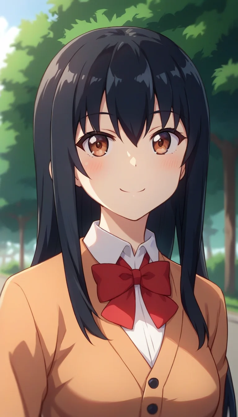 score_9,score_8_up,score_7_up,score_6_up BREAK official art,solo,outdoors,upper body,(portrait:1.5),looking at viewer,facing viewer,smile,blush,Machiko,long hair,black hair,sidelocks,hair between eyes,bangs,brown eyes,orange cardigan,red bowtie,collared shirt,white shirt,medium breasts,red skirt,plaid skirt,pleated skirt,black socks,loafers,<lora:Machiko(gd)-Pony:1.4>,