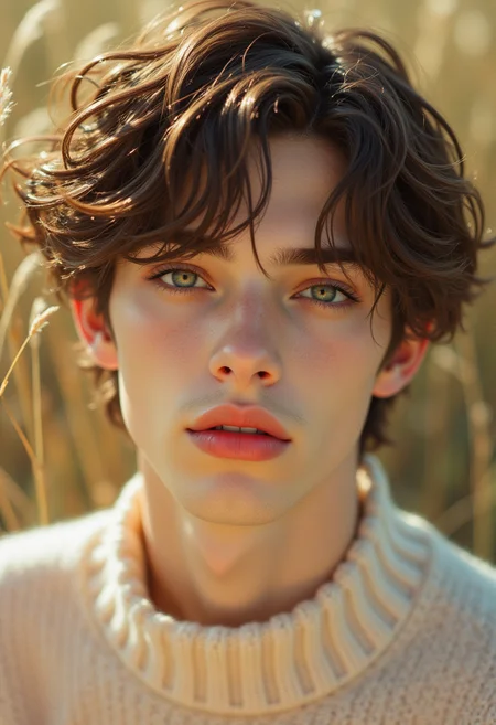 Close-up portrait of a male model with soft boy aesthetic, tousled hair, dreamy expression, pastel oversized sweater visible at the collar, soft lighting, background hints of sunlit plants, warm vintage film effect, emotional and introspective mood, shallow depth of field, editorial fashion style <lora:Delicate_Focus_FLUX_LoRA:1>