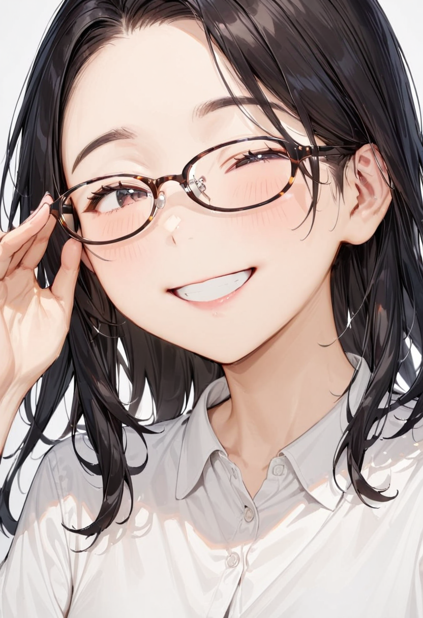 masterpiece, best quality, very aesthetic, absurdres,
1girl, solo, black hair, long hair,
oval_cell, glasses, brown-framed eyewear,
collared shirt, happy, smile, looking at another, adjusting eyewear, white background, simple background, 
 <lora:oval_glasses_cell-frame2_SDXL_V1:1>
