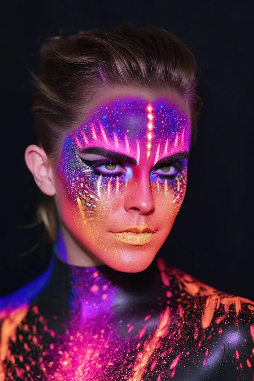masterpiece, stunning closeup portrait photo of (ohwx woman with blacklight makeup),highly detailed, digital painting, artstation, concept art, sharp focus, illustration, art by Tony Sart and artgerm and randy vargas