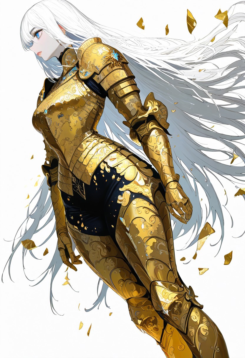 masterpiece, best quality, good quality, very awa, newest, highres, absurdres, 1girl, solo, long hair, blue eyes, simple background, white background, closed mouth, very long hair, standing, assfocus, wide hips, curvy, white hair, armor, from side, lips, feet out of frame, profile, shoulder armor, straight hair, pauldrons, looking ahead, armored boots, looking afar, gold, gold armor, shards, gold footwear,wind,low view,Dutch angle,Wide Shot, limited palette, <lora:illustriousXL_stabilizer_v1.23> <lora:NOOB_vp1_detailer_by_volnovik_v1> <lora:ponyv6_noobE11_2_adamW-000017> <lorav4df2fsdf5> <lora:XXX667> <lora:mon_monmon2133>