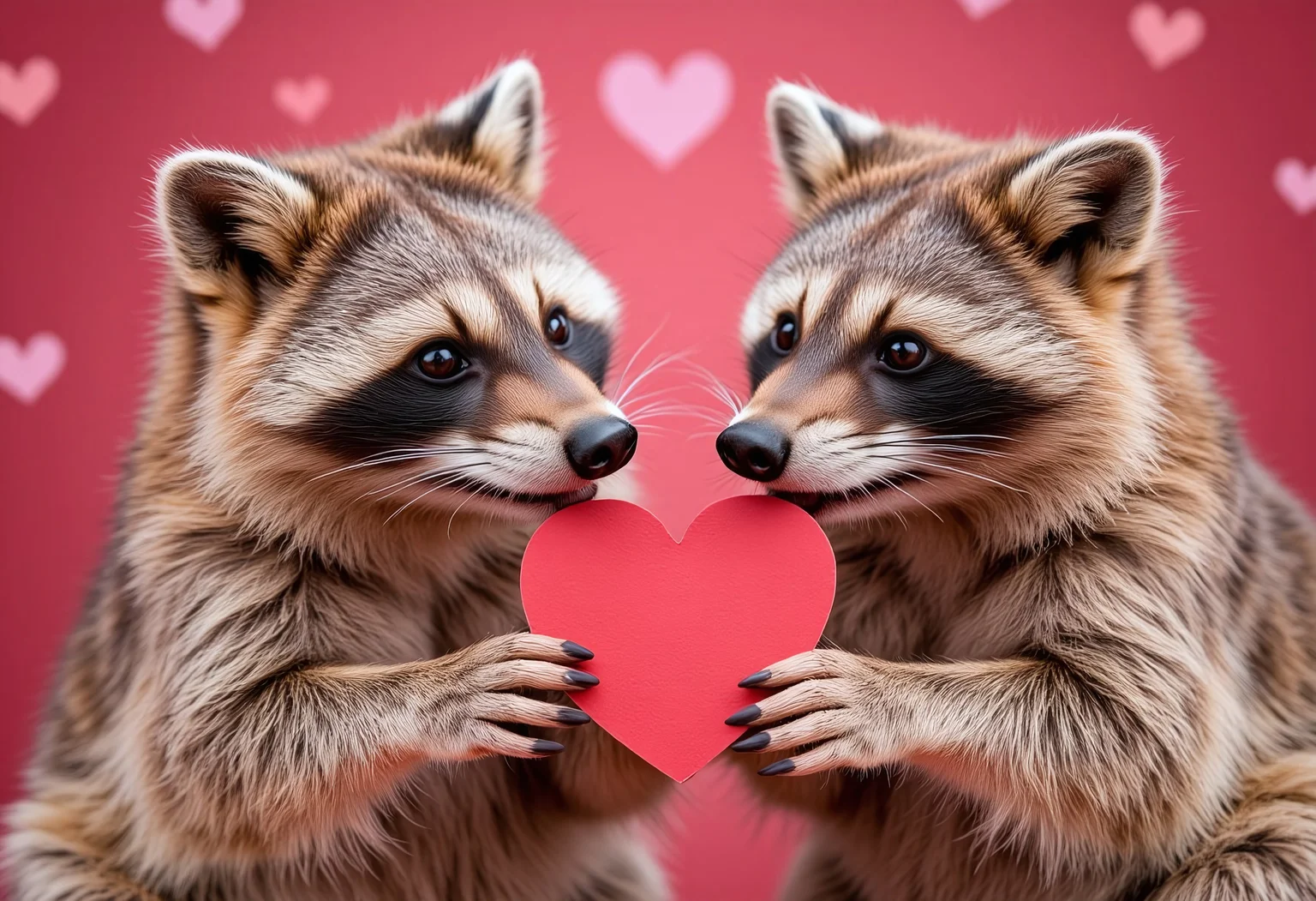 Male racoon give valentine female-racoon.
Hearts are everywhere.