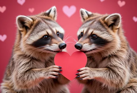 Male racoon give valentine female-racoon.
Hearts are everywhere.