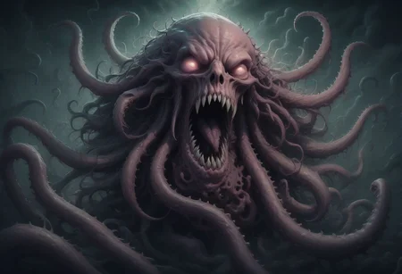 Lovecraft abomination looms in the shadows, its form defying earthly logic. Tentacles writhe from its grotesque body, each ending in an eye that gazes into infinity. Its maw, filled with rows of razor-sharp teeth, drips with otherworldly ichor. Its presence radiates an aura of cosmic dread, driving mortal minds to the brink of insanity. Capture the eldritch horror and incomprehensible terror it embodies Nightmare color palette. DEVIL SPAWN