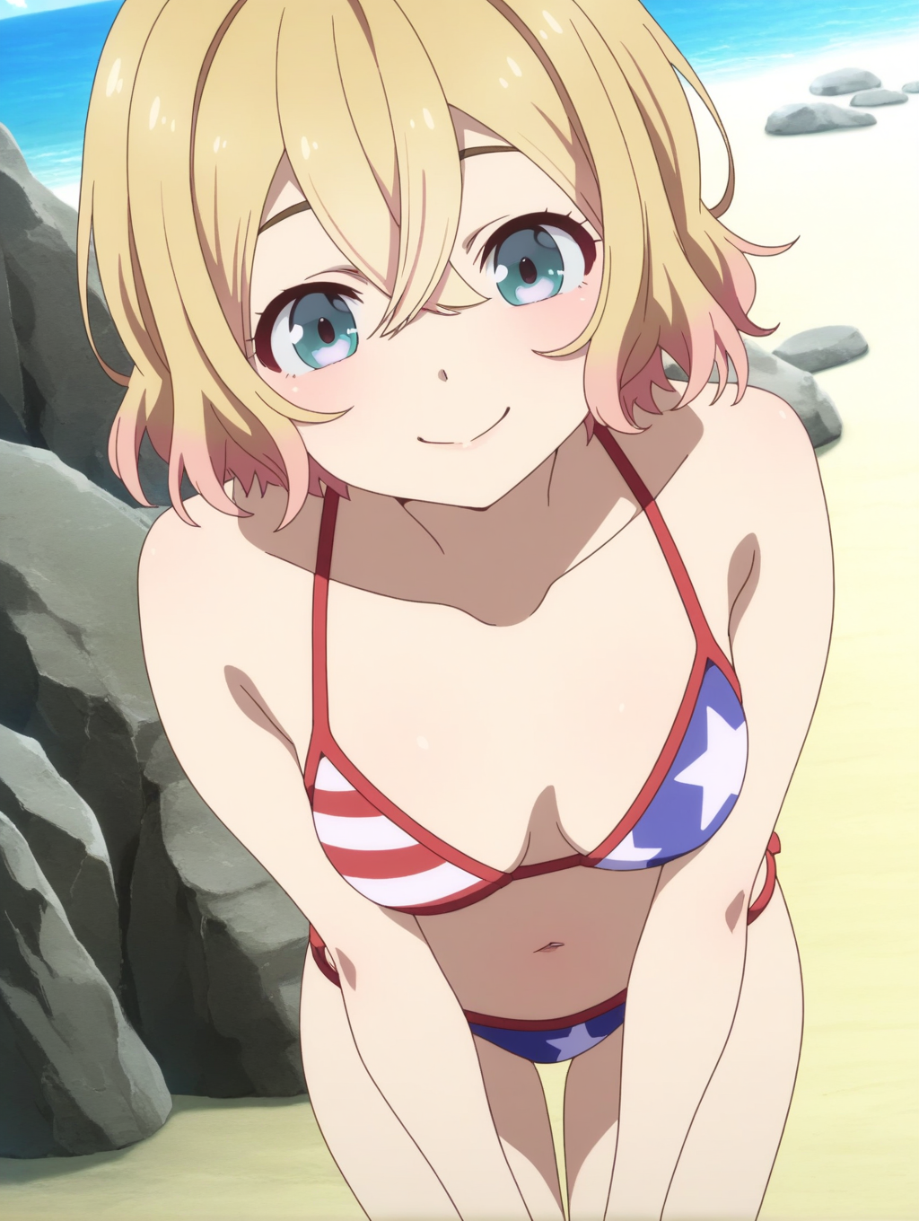 masterpiece, best quality, amazing quality, intricate detail, detailed, anime coloring, <lora:Mami_Nanami_LW:0.8>, Mami_Nanami_LW, anime screenshot, blonde hair, short hair, hair between eyes, blue eyes, multicolored hair, 1girl, solo,
 looking at viewer, smile, cowboy shot, American flag bikini, beach, medium breasts, beach, sky, water, rocks,