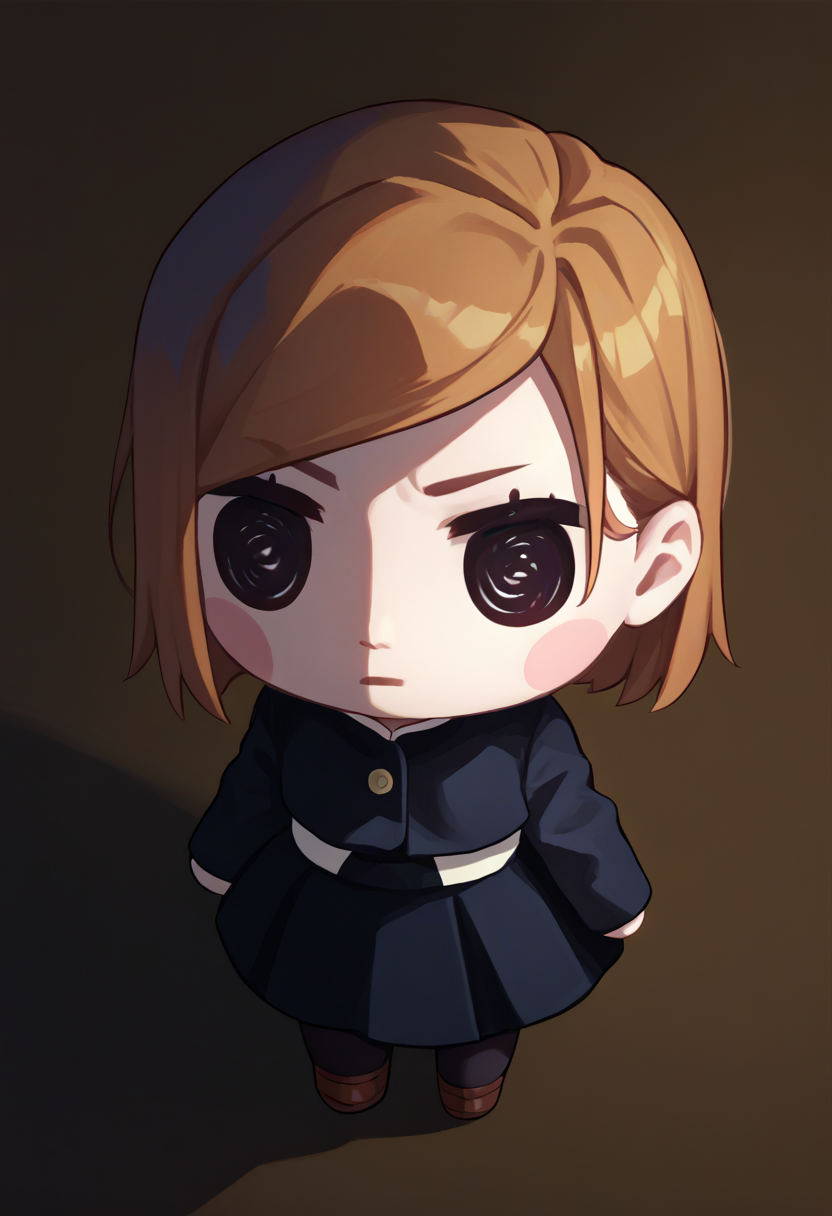 score_9, score_8_up, score_7_up, chibi, solo, 1girl, kugisaki nobara, expressionless, school uniform, black jacket, long sleeves, black skirt, pantyhose <lora:style_beegsmol_ponyXL:1.1>  <lora:jjk_kugisaki_ponyXL:0.9>