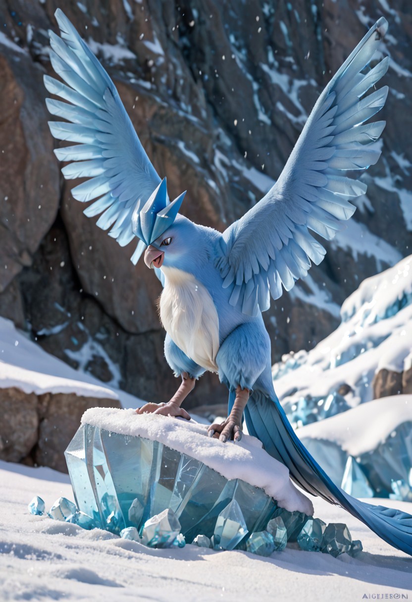 score_9, score_8_up, score_7_up, score_6_up, score_5_up, score_4_up, BREAK, solo, articuno, pokemon (creature), furry, avian, bird, blue feathers, wings, ice, snow, realistic