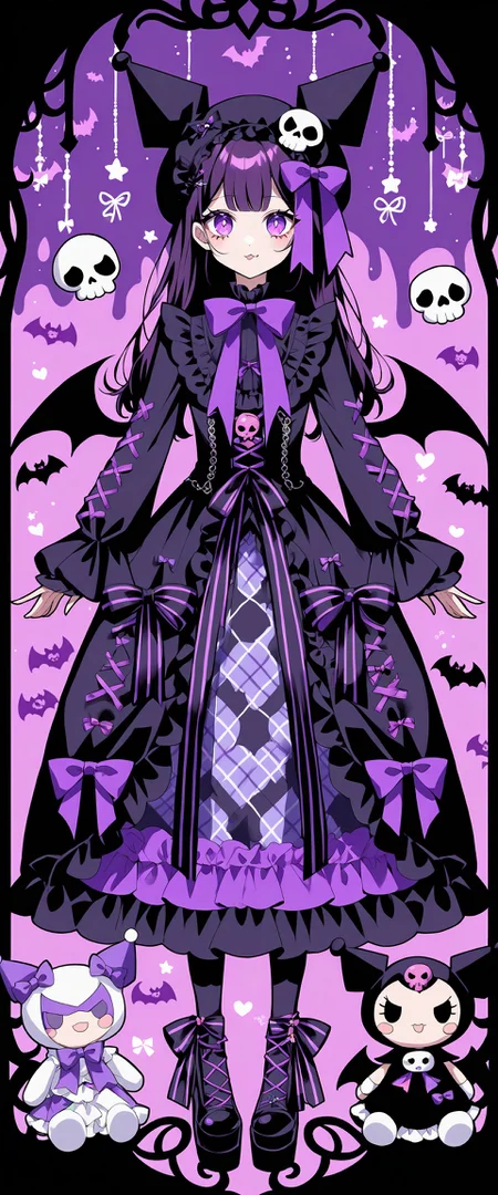 ((fullbody)), 1girl, long hair, bat wings tied with ribbons, lolita_fashion, gothic, gothic_lolita, (hyperdetailed clothing and fashion), detailed dress, dark purple, magenta and black ornate tartan print dress, print dress, dark purple and magenta tartan print, detached long sleeves, sleeves over wrists, moesode, dark purple ruffles, black frills, bows, purple bows, frilled bows, ribbon, black kuromi hat, animal eared hat, magenta bowtie, (purple and magenta bat print background, kuromi theme, sanrio, stuffed toy, kuromi doll, magenta ribboned frame, cute white cartoony skulls, kuromi) , , <lora:19a618b0-9c60-490e-984c-201466b5ed8f:0.7>, <lora:d10e6385-a080-4735-a8cf-9b683731baca:0.7>, <lora:8f398b58-2a62-47d0-8ddf-536c77de0d9c:0.6>, <lora:7fa89c10-5601-4ced-9e6d-e50019f5aa4b:0.5>, <lora:678b49e2-f537-4298-8f86-c8e5267b2ed7:0.4>, <lora:ab19ebf7-99b5-4dc4-8f50-e9330005ed10:0.4>, <lora:e485f886-377e-4727-92e3-947262a0784f:0.3>, <lora:GoodHands-beta2:0.3>, , , , , , , , , ,