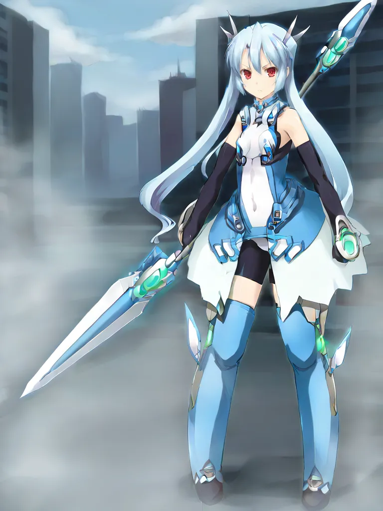 <lora:Mahou_Shoujo_Isuka:1>
1girl, solo, mahoshoisca, blue hair, twintails, red eyes, magical girl, outdoors, city, standing, serious, holding, polearm, spear