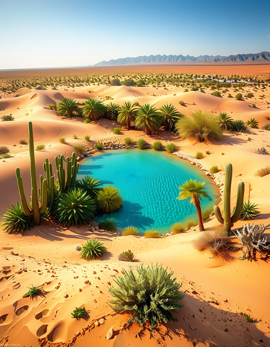 A serene oasis in the middle of an expansive golden desert, surrounded by rolling sand dunes under a vibrant blue sky. The oasis features a small, crystal-clear lagoon with calm, reflective water, bordered by lush green palm trees and colorful tropical plants. The scene is bathed in warm sunlight, with soft golden light illuminating the sand and creating subtle shadows among the dunes. In the background, faint silhouettes of distant mountains blend into the horizon. A few wisps of white clouds drift lazily in the sky, adding depth and texture to the composition. The overall atmosphere is peaceful and tranquil, evoking a sense of calm and wonder in the harsh desert landscape.<lora:SDXLFaeTastic2400:0.4> <lora:extremely_detailed:0.4> extremely detailed, <lora:O4s1s:1>,O4s1s, Masterpiece,best quality,hi res,8k,hi res,8k,award winning,(sharp focus, intricate, highly detailed),