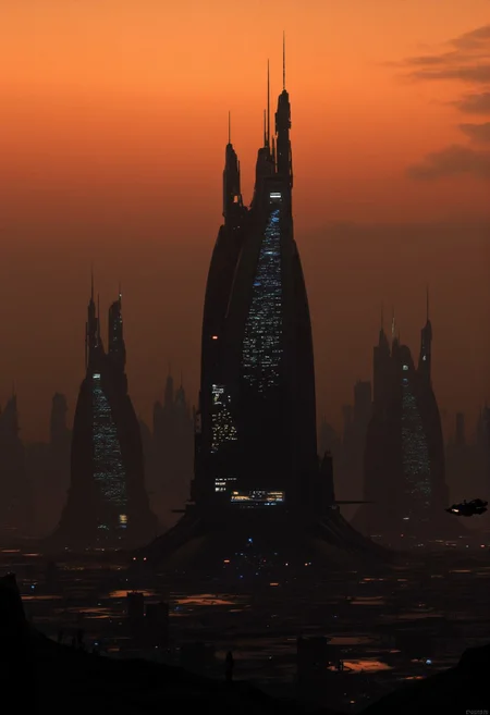 alien landscape, skyline . extraterrestrial, cosmic, otherworldly, mysterious, sci-fi, spaceships. interstellar war, highly detailed. very slightly orange-tinted sky. Cyberpunk alien city merge
