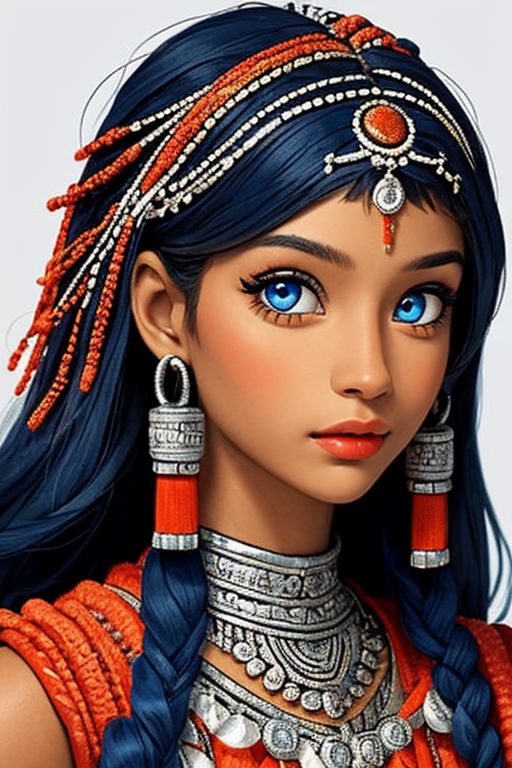 close-up photographic portrait of woman with strikingly vibrant blue-silver eyes. Supe shoulders showing. The face should, intricate, tribal-inspired art, patterns, reminiscent of beadwork and ceremonial embellishments, scheme, rich reds, oranges, blues --ar 2:3
