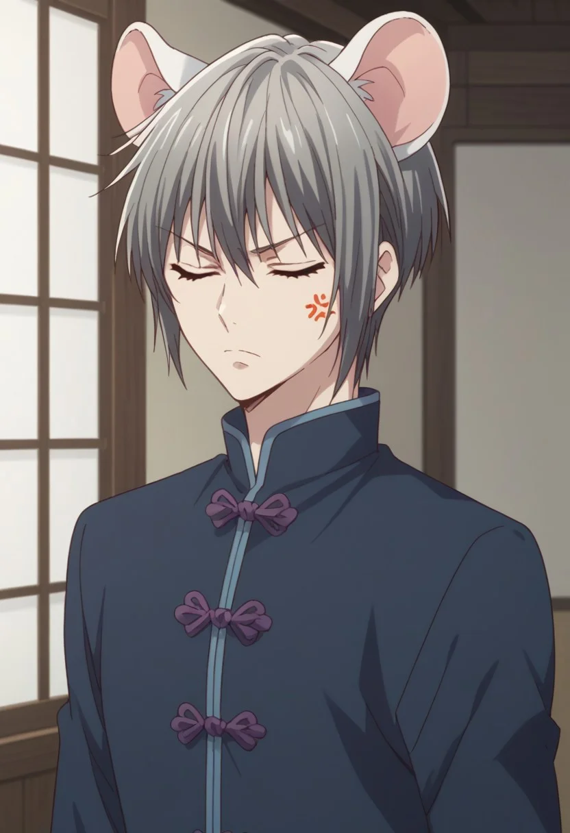 score_9, score_8_up, score_7_up, source_anime, highly detailed,
yukisohma, 1boy, male focus, solo, upper body, grey hair, closed eyes,
looking at viewer, standing, chinese clothes, pants, animal ears, mouse ears, frown, anger vein,
indoor, japanese