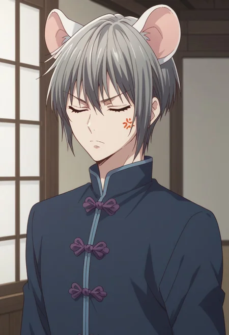 score_9, score_8_up, score_7_up, source_anime, highly detailed,
yukisohma, 1boy, male focus, solo, upper body, grey hair, closed eyes,
looking at viewer, standing, chinese clothes, pants, animal ears, mouse ears, frown, anger vein,
indoor, japanese