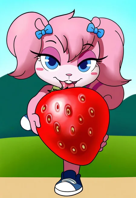 masterpiece, best quality, very aesthetic, absurdres,
outdoors, casual,
full body, posing, dynamic pose, dynamic_angle, close up, holding a strawberry, licking strawberry, seductive, kind eyes,
seductive smile, parted lips, long eyelashes,
<lora:Twiggy_v01_NAIXL:1>
Tw166y,1girl,solo,furry,furry female,squirrel girl,pink hair,squirrel ears,short hair,twintails,hair bow,blue eyes,blush stickers,animal nose,buck teeth,body fur,pink fur,squirrel tail,