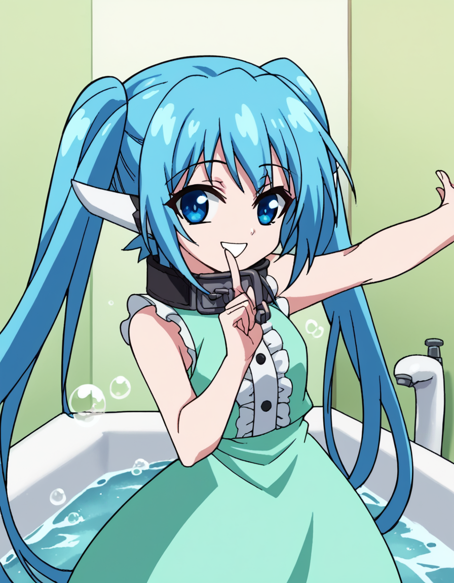 score_9, score_8_up, score_7_up, source_anime, <lora:otoshimono-nymph-s2-ponyxl-lora-nochekaiser:1>, nymph, long hair, blue eyes, twintails, blue hair, collar, chain,, dress, green dress, center frills, sleeveless,, bathtub, water, bubbles, steam, towel, smile, <lora:hoshino-ruby-dance-ponyxl-lora-nochekaiser:1>, hoshino ruby dance, finger wagging, index finger raised, dancing, outstretched arm,, looking at viewer, solo,, dutch angle, cowboy shot