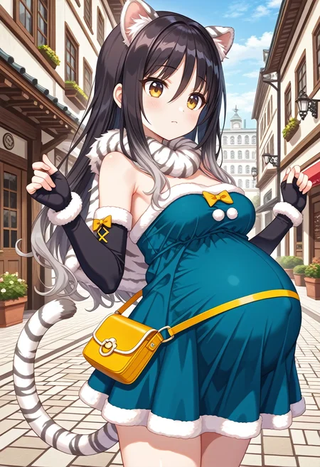 STYLE(comfy++,none) masterpiece, best quality, absurdres, 1girl, [tsukasawa takamatsu:cura, fuzichoco:0.3], torino aqua, shiori \(princess connect!\), tiger girl, tiger ears, animal ear fluff, tiger tail, striped tail, hair between eyes, yellow eyes, brown eyes, black hair, long hair, gradient hair, grey hair, black gloves, fur capelet, fingerless gloves, elbow gloves, bare shoulders, medium breasts, clothed, pregnant, big belly, standing,  frown, looking down, open hand,  w arms,  day, street, game cg, <lora:Pregnancy_Slider:1.2> <lora:pregnant_clte:1> <lora:dmd2_sdxl_4step_lora_fp16:1>