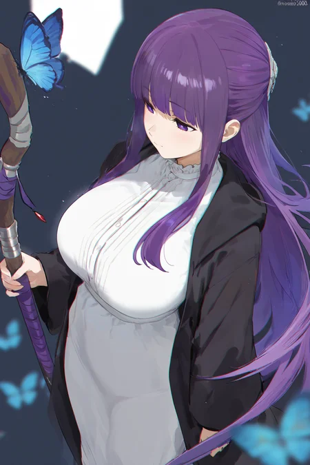 fern \(sousou no frieren\), 1girl, blue butterfly, breasts, bug, butterfly, closed mouth, dress, holding, holding weapon, insect, large breasts, light particles, long hair, mage staff, outdoors, purple eyes, purple hair, robe, , solo, staff, weapon, white robe, msk12003, masterpiece, best quality, very aesthetic, absurdres