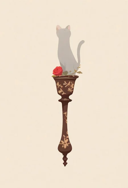 simple background, beige background, jumping gray cat, vase in the back, rose, 
BREAK 
masterpiece, best quality, good quality, very awa, very aesthetic, absurdres, newest, (Perfect details),(****), haiz_ai, no lineart,no outline,