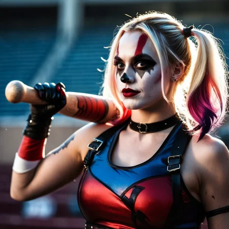 cinematic film still of <lora:shredded woman:1.2>
a shredded woman in Harley Quinn shredded costume with a baseball bat in her hand shredded woman style , shallow depth of field, vignette, highly detailed, high budget, bokeh, cinemascope, moody, epic, gorgeous, film grain, grainy